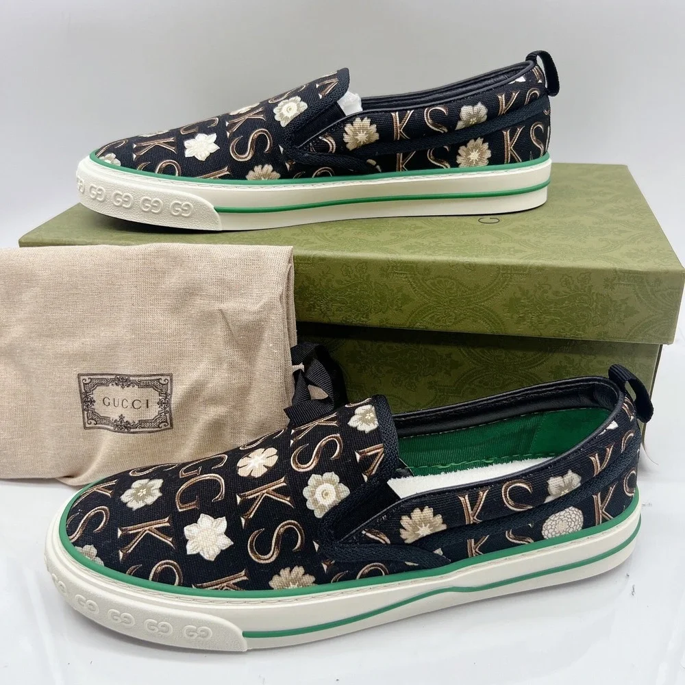 GUCCI Tennis 1977 Sneaker Ken Scott Print Mens Loafer Black White UK 8.5 US 9